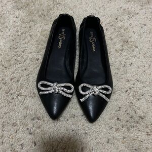 Yosi Samra Vivienne Crystal Bow Flats in Black Leather 7.5 New